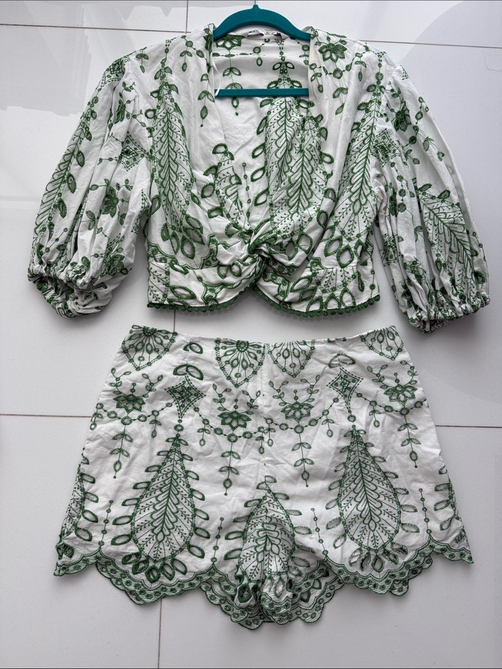 Zara White & Green Embroidered Shorts Set — Scallop Hem
